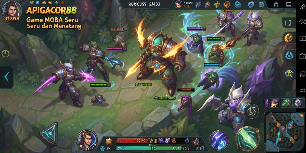 Tampilan screenshot APIGACOR88 yang menunjukkan aksi gameplay MOBA yang intens.