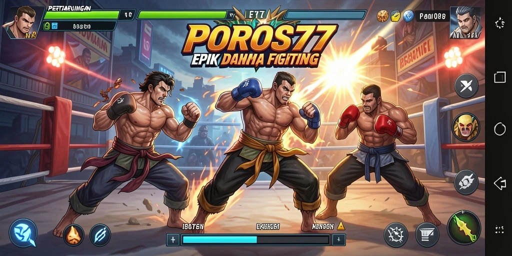 Screenshot utama dari gameplay pertarungan epik di POROS77.